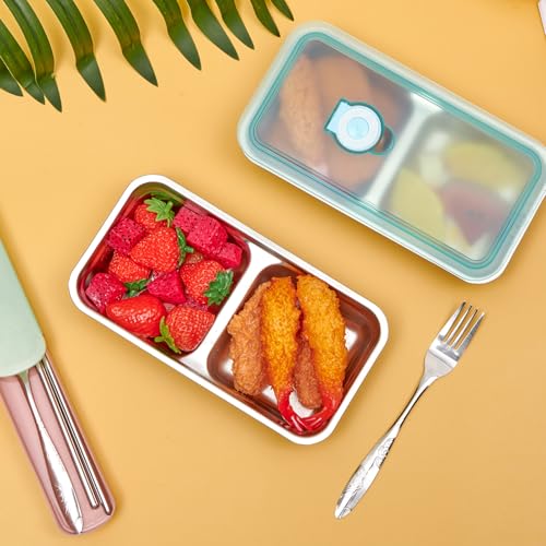Vesici 12 Pack Stainless Steel Bento Boxes with Tableware Set 15 oz 2 Compartments Snack Box Containers with Leakproof Lids, Divided Meal Prep Lunch Box Food Container Dishwasher Safe - style: 2 Compartments