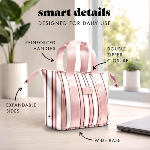 Fit & Fresh Remi Lunch Bag for Women Work – Neoprene Lunch Tote with Containers & Ice Pack, Reusable Meal Prep Lunch Box, Large Capacity, Machine Washable - color: Pink Chunky Stripe