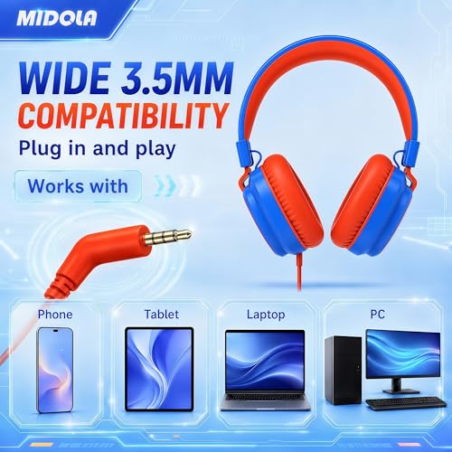 MIDOLA Kids Headphones for School Learning,Volume Limited 85/94dB, Foldable Lightweight Over-Ear Wired Headphones for Kids Toddler Girls Boys 3.5mm for Pad,Headsets with Built-in Mic Blue - color: Blue