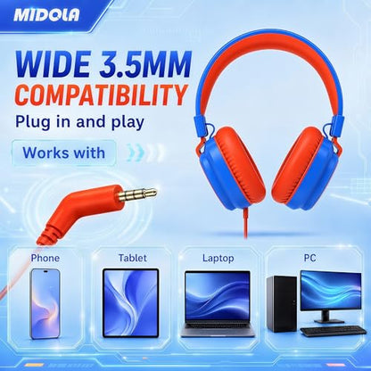 MIDOLA Kids Headphones for School Learning,Volume Limited 85/94dB, Foldable Lightweight Over-Ear Wired Headphones for Kids Toddler Girls Boys 3.5mm for Pad,Headsets with Built-in Mic Blue - color: Blue