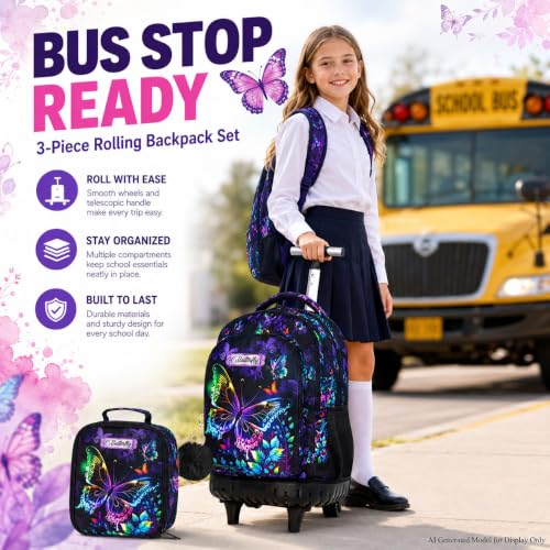 HPJGD 3PCS Rolling Backpack for Girls, Womens Butterfly School Backpacks with Wheels, Water Resistant Roller Kids Wheeled Bookbag Set with Lunch Box - color: Black Butterfly Rolling Set