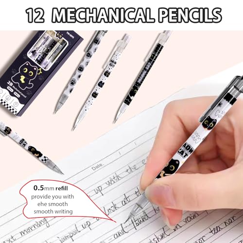 12Pcs Black Cute Cat Mechanical Pencils with Eraser 0.5mm Kawaii Cartoon Cat Mechanical Pencil School Pencil Cat Gifts for Women Man - style: cat black
