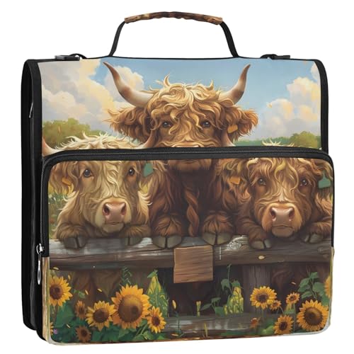 3 Ring Zipper Binder Sunflower Highland Cow Binders Bag with Shoulder Strap 500 Sheets Paper Organizer Trapper Keeper Documents Storage File Folder for School Office - color: A1190