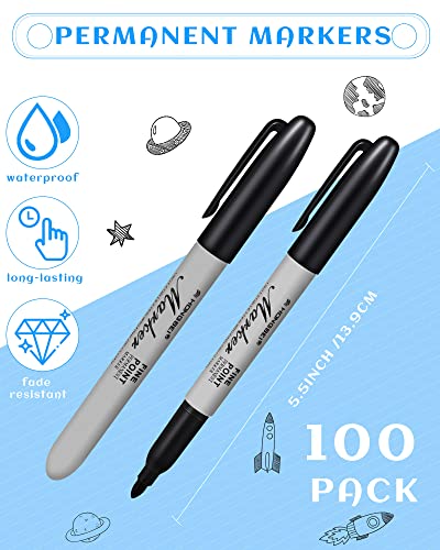 Thenshop 100 Pack Black Permanent Markers Bulk - Fine Point Permanent Marker Quick Drying Waterproof Pens for Doodling Writing Marking Classroom Work on Wood Metal Stone Glass, Office School Supplies