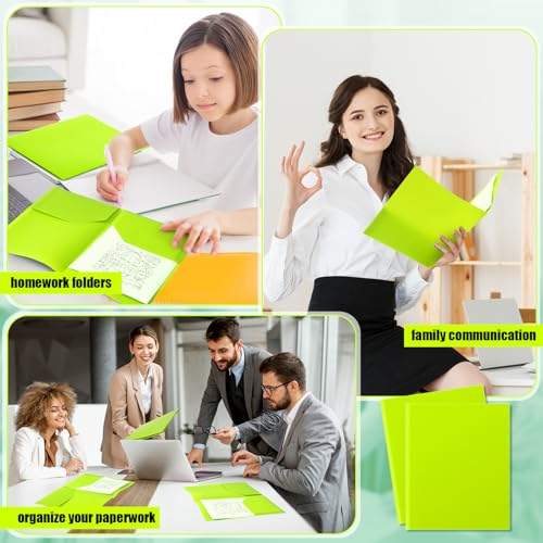 Gueevin 100 Pack Plastic Folder with Pockets, 2 Pocket Folders, Plastic Glossy Folders Fit Letter Size Paper, Heavy Duty Durable File Folder with Business Card for Home Office School (Lime Green) - color: Lime Green