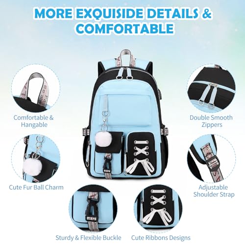 ACESAK Kids School Backpack for Girls, 4-In-1 Bookbag Backpack Set with 14OZ Insulated Kids Water Bottle, Lunch Bag Set for Girls Kid Teens Middle School Student, Girl Backpack for Schools - color: Black-blue
