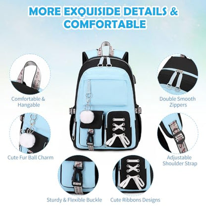 ACESAK Kids School Backpack for Girls, 4-In-1 Bookbag Backpack Set with 14OZ Insulated Kids Water Bottle, Lunch Bag Set for Girls Kid Teens Middle School Student, Girl Backpack for Schools - color: Black-blue