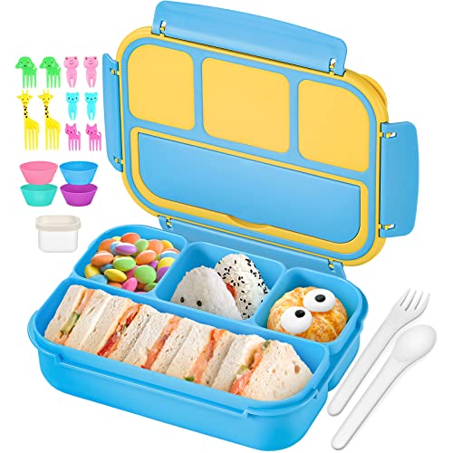 QQKO Bento Lunch Box for Kids Girls Boys, Toddler Kids Lunch Boxes for School, Lunch Containers for Adults with 4 Compartments, Sauce Container, Utensils, Food Picks and Muffin Cups, Blue - color: Blue