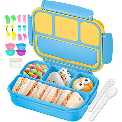 QQKO Bento Lunch Box for Kids Girls Boys, Toddler Kids Lunch Boxes for School, Lunch Containers for Adults with 4 Compartments, Sauce Container, Utensils, Food Picks and Muffin Cups, Blue - color: Blue
