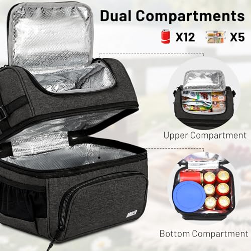 MIER Lunch Box for Men Dual Compartment Adult Lunch Bag for Work, Dark Grey | Leakproof & Insulated; Lunchbox Cooler Tote with Side Bottle Holder; Detachable Shoulder Strap with Pad; Multi-Pockets - color: Dark Gray