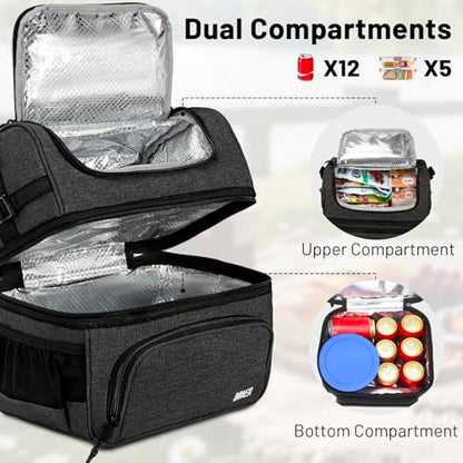 MIER Lunch Box for Men Dual Compartment Adult Lunch Bag for Work, Dark Grey | Leakproof & Insulated; Lunchbox Cooler Tote with Side Bottle Holder; Detachable Shoulder Strap with Pad; Multi-Pockets - color: Dark Gray