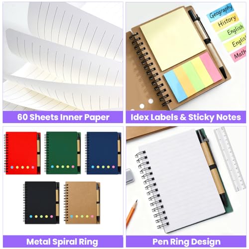 5 Pack Spiral Notebooks with Pen Set, 60 Sheets/120 Pages Lined Small Pocket Notebook and Pen Set Bulk Journals with Sticky Notes for Business Office School, 5 Colors (5)