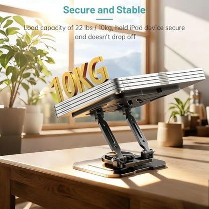 iPad Stand Tablet Holder for Desk,360° Rotation Metal Base Dual Rod Adjustable Height Holder,Compatible with 4.7-15.9" iPad Pro/Air/Mini,eReader,LG Pads,Nexus,Switch,iPhone Pro/Max/Air/Plus