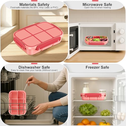Amathley Lunch Box Kids Girls Boys,Bento Box Adult,Toddler Lunch Containers for School,Leakproof Snack Containers with 6 Compartments,Sauce Container,10 Food Picks and 4 Muffin Cups (Pink) - color: Pink