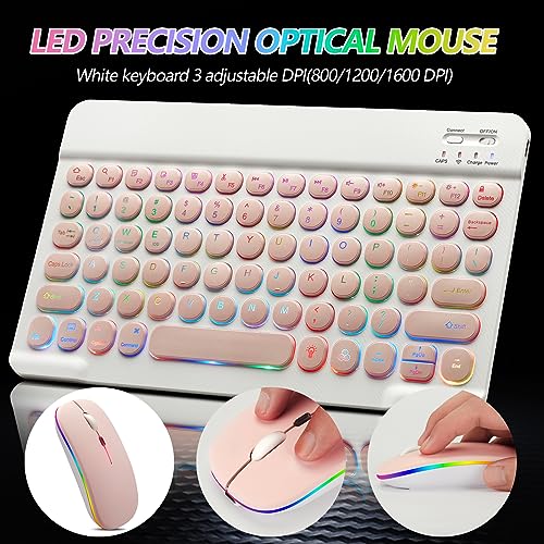 Bluetooth Keyboard and Mouse Combo for iPad - Rechargeable Wireless Keyboard & Mouse with 7-Color Backlit Compatible with iPad 9th/8th Gen, iPad Pro/Air/Mini, iPhone14/13/12 Pro, Round Keys Pink - color: pink