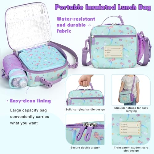 Bento Lunch Box for Kids with 7oz Soup Thermo,Insulated Stainless Steel Kids Water Bottle with Straw and Insulated Lunch Bag,Leak-Proof Lunch Food Container with Ice Pack for School(Purple-Mermaid) - color: Purple-Mermaid