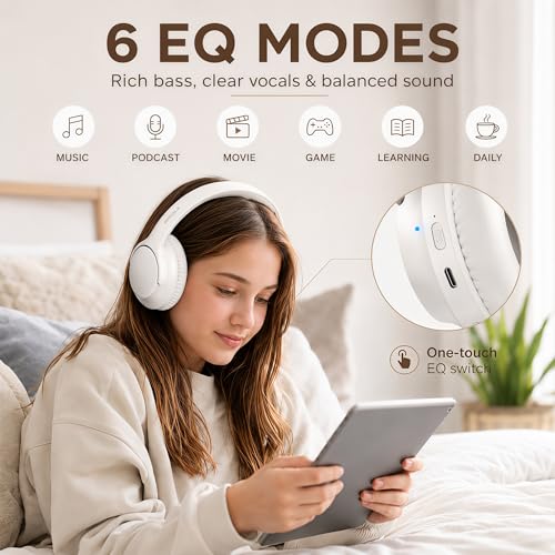 MIDOLA Bluetooth Headphones Over Ear, 68H Playtime Wireless Headphones with Microphone, 6 EQ Modes, HiFi Stereo Deep Bass, Foldable Lightweight Headset for Home Office, Cellphone, PC, White - color: White