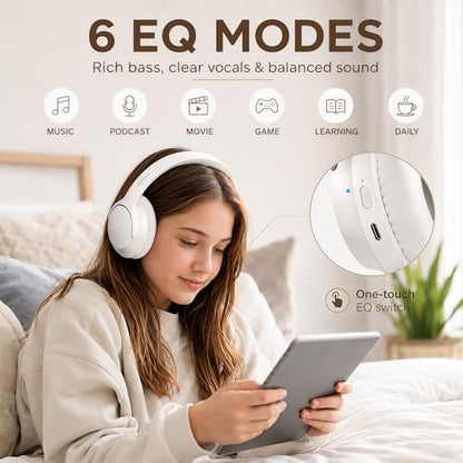 MIDOLA Bluetooth Headphones Over Ear, 68H Playtime Wireless Headphones with Microphone, 6 EQ Modes, HiFi Stereo Deep Bass, Foldable Lightweight Headset for Home Office, Cellphone, PC, White - color: White