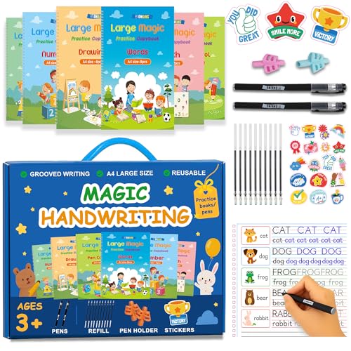 Monking Large Magic Practice Copybook for Kids,Handwriting Grooved Practice Book 6 Pack with Pen Refill English Cursive Calligraphy Reusable Age 3-8 - style: 6 Pack gift set