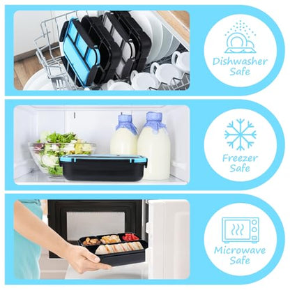 QQKO Bento Box for Kids Adults, School Toddler Lunch Box for Boys Girls, Lunch Box Containers with 4 Compartments, Sauce Container, Utensils, Food Picks and Muffin Cups for School, Black Blue - color: Black Blue