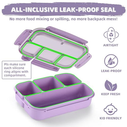 QQKO Bento Box Adult Lunch Box, Lunch Containers for Adults Men Women, Kids Lunch Boxes for School with 4 Compartments, Sauce Container, Utensils and Muffin Cups, Purple - color: Lavender