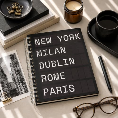 Pearhead City Travel Spiral Notebook, New York Milan Paris Departures Board Hardcover Journal – 100 GSM Thick Lined Pages, UV Spot Gloss Cover, Lay Flat Double-Coil Binding, Wanderlust Gift, 8x10.5 - color: Black & White City Notebook