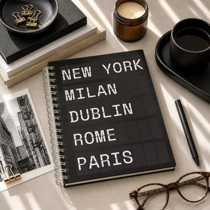 Pearhead City Travel Spiral Notebook, New York Milan Paris Departures Board Hardcover Journal – 100 GSM Thick Lined Pages, UV Spot Gloss Cover, Lay Flat Double-Coil Binding, Wanderlust Gift, 8x10.5 - color: Black & White City Notebook