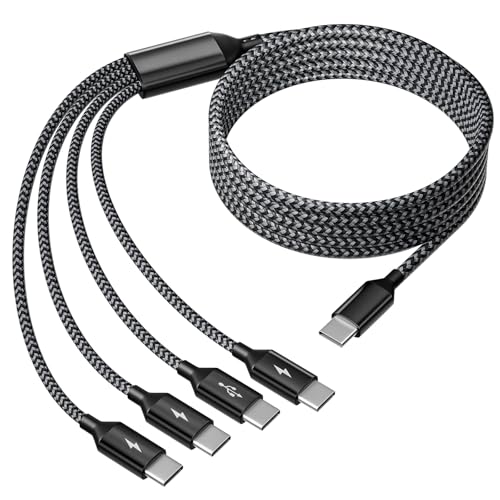 USB C Splitter Multi Charging Cable, Dual Type C Charger Cord,4 in 1 Multiple Nylon Braided Cable with 4 Type-C Connectors Compatible with IP 15 Pro Max/Galaxy/Tablets/Google-1Pack 5FT. - color: Blackgrey, size: 1Pack5FT