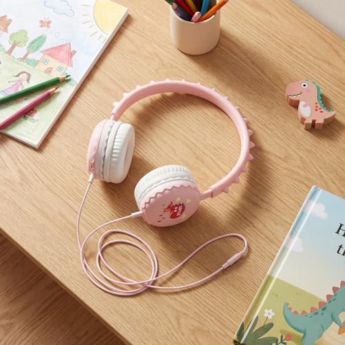 Kids Dinosaur Wired Headphones with Noise Cancelling Pink | Safe 85/94dB Volume Limit, HD Microphone for School, Soft Ear Cups, Pink Headphones for Toddlers & Teens - color: Dinosaur Pink