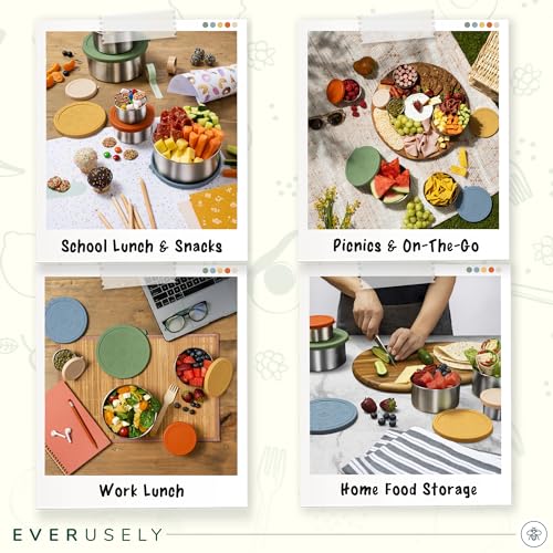 Stainless Steel Food Containers, Metal Lunch Boxes, Set of 5, Muted | Everusely lunch containers feature colorful lids and offer durable utility for snacks, meal prep, and food storage. - color: Muted
