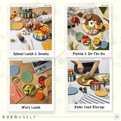 Stainless Steel Food Containers, Metal Lunch Boxes, Set of 5, Muted | Everusely lunch containers feature colorful lids and offer durable utility for snacks, meal prep, and food storage. - color: Muted