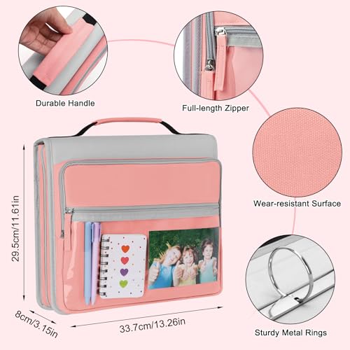 Ndsox Zipper Binder 3 Ring with Handle, 2 Inch O-Ring Document Organizer Middle School Binder with Zipper for Students, 5-Tab Expanding File Folder & 2 Mesh Pouches, DIY Clear Front Pocket, Pink - color: Pink