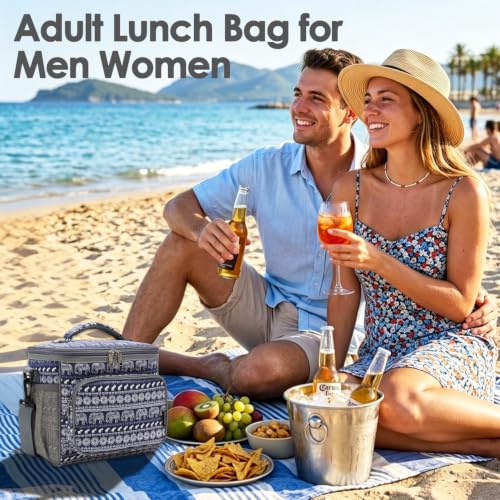 FlowFly Insulated Reusable Lunch Bag Adult Large Lunch Box for Women and Men with Adjustable Shoulder Strap,Front Zipper Pocket and Dual Large Mesh Side Pockets,Elephant - color: Elephant