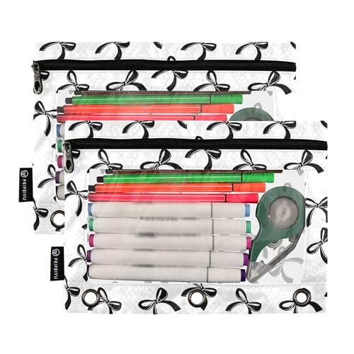 Wamika Bowknot White Black Binder Pouches 3 Ring for Boys Girls School Office College Supplies Bow Tie Stars Ribbon Pencil Pouches Case Bag with Clear Window and Zipper 2 pack - color: Bow Tie