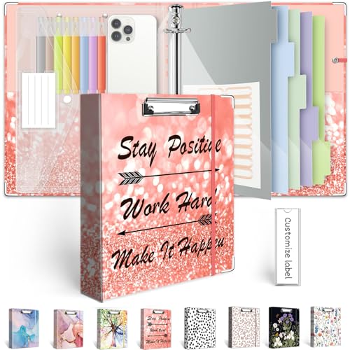 3 Ring Binder 1 Inch, Three Ring Binders Organizer with Clipboard, 5-Tabs Pockets Dividers, Plastic Folder, 18 Divider Stikers, BVSSX Pink Decorative Binder with Pen Loop (Stay Positive, Letter Size) - color: 06-stay Positive, size: 1in（Letter Size）