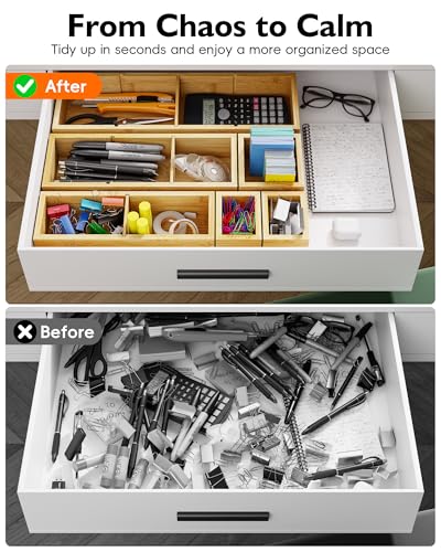 Bamboo Drawer Organizer Set, 6 PCS Desk Drawer Organizer Trays with 12 Compartments, Wood Storage Boxes for Junk Drawer, Kitchen Utensils, Office Supplies, Makeup, Jewelry, Bathroom - size: 12 Compartments