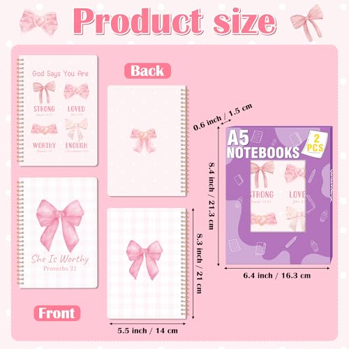 Xqumoi 2 Pack A5 Pink Bow Coquette Religious Spiral Notebooks - She Is Worthy Bible Verses Writing Notebooks, Ruled Lined Journal, Christian Christmas Gift, Sunday School Supplies - style: J-Pink Bow Religious
