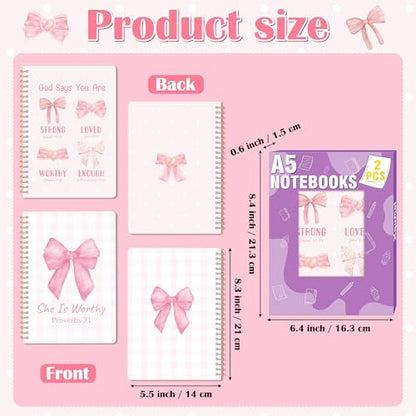 Xqumoi 2 Pack A5 Pink Bow Coquette Religious Spiral Notebooks - She Is Worthy Bible Verses Writing Notebooks, Ruled Lined Journal, Christian Christmas Gift, Sunday School Supplies - style: J-Pink Bow Religious