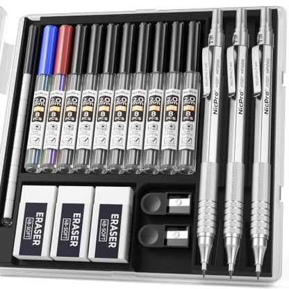 Nicpro 3 Pack 2.0 mm Mechanical Pencil Set with Case for Architects | Include: Drafting Pencil with 2mm Graphite Lead Refill(HB 2H 4H 2B 4B), Sharpeners, Erasers for Artist Writing, Drawing - color: Silver