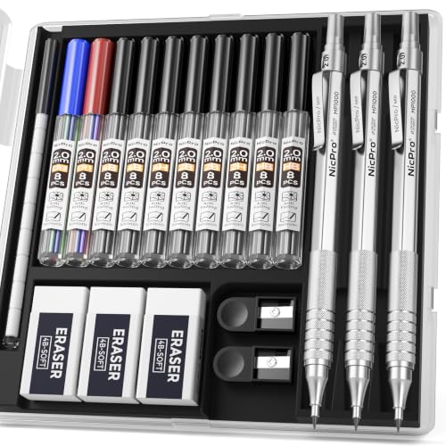 Nicpro 3 Pack 2.0 mm Mechanical Pencil Set with Case for Architects | Include: Drafting Pencil with 2mm Graphite Lead Refill(HB 2H 4H 2B 4B), Sharpeners, Erasers for Artist Writing, Drawing - color: Silver