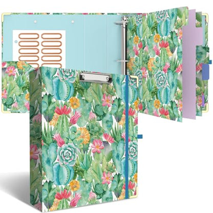 3 Ring Binder 2 Inch, Cute Round Ring Binders with 6 Tab Dividers, Labels Stickers, Low Profile Clipboard with Storage, Fashion Binder School Office Supplies(Cactus Flowers) - color: Cactus Flowers