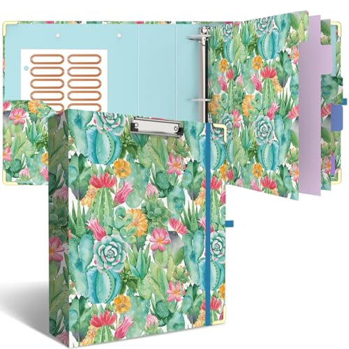 3 Ring Binder 2 Inch, Cute Round Ring Binders with 6 Tab Dividers, Labels Stickers, Low Profile Clipboard with Storage, Fashion Binder School Office Supplies(Cactus Flowers) - color: Cactus Flowers