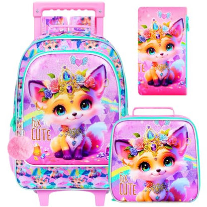 3Pcs Rolling Backpack for Girls, Fox Roller Bookbag with Lunch Box, Kids School Backpacks with Wheels for Elementary Preschool(Yellow) - color: Fox Yellow