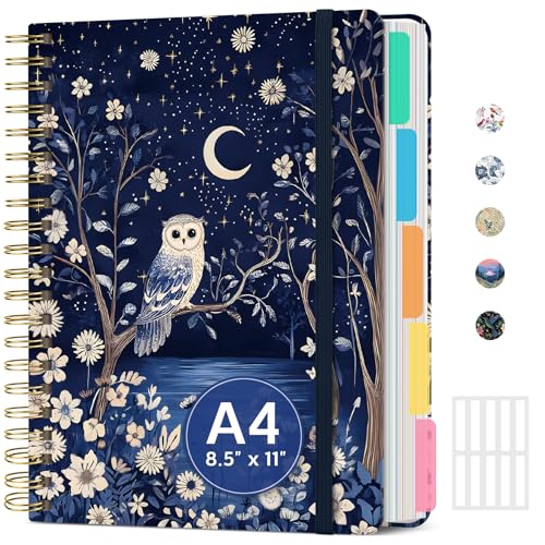 Large Lined Spiral Journal for Women Cute Hardcover 5 Subject Notebook for Work 8.5" x 11" with Removable Dividers & Tabs, College Ruled, 280 Pages Aesthetic Journal for Work, School & Note Taking, Owl Moonlight - color: P - Owl Moonlight