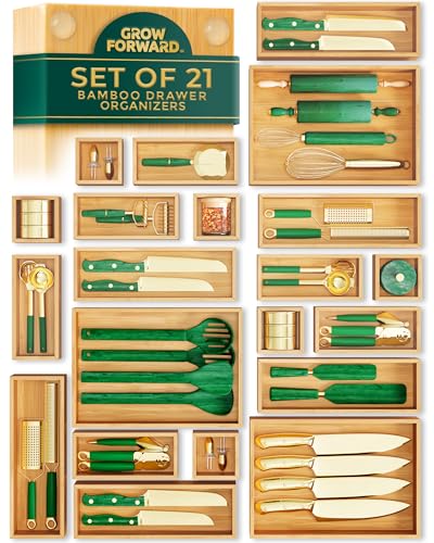 Grow Forward Bamboo Drawer Organizer Boxes - Set of 21 Wooden Drawer Organizers for Kitchen, Bathroom, Office, Desk, Vanity, Makeup - Non-Slip Junk Drawer Organizer Trays for Storage and Organization - size: 21-Piece