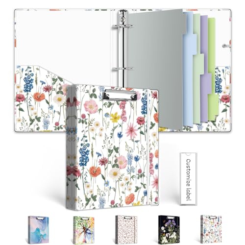A5 Binder 3 Ring 1 Inch for 5.5"x8.5" Paper, Cute Mini Three Ring Binders with Clipboard,5-Tab Dividers,Interior Pocket, Spine Label, BVSSX Small Binder with Pen Holder, Blue Bloom - color: Blue Bloom, size: 1in（5.5"X8.5"）