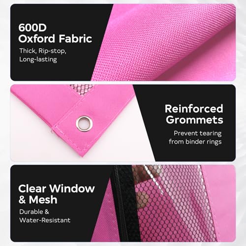 3 Ring Pencil Pouch for Binder, 2-Pocket Zipper Pencil Case with Clear Window & Mesh Pocket, Heavy Duty 600D Oxford Fabric Binder Pouch for School Office Supplies, Fits Standard 3-Ring Binders, Pink - color: Pink