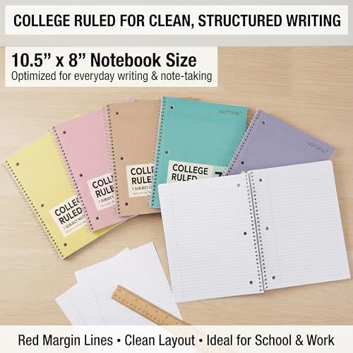 Single Subject Spiral Notebook, 70 Ruled Pages, 10.5 x 8 Inch, College Ruled Paper, Wire Bound Notebook for School, College, Office & Home Pack of 12