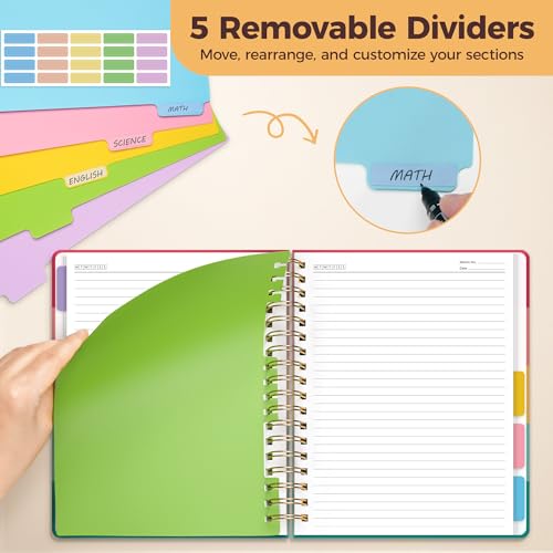 Hardcover Spiral Notebook Journal for Women & Men, Cute 5 Subject Notebook College Ruled for School & Work, Journaling Notebooks with Removable Dividers Tabs, 8" x 10", 300 Pages, Happy Stripes - color: Happy Stripes