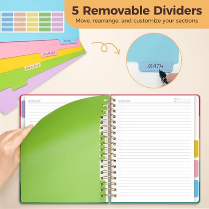 Hardcover Spiral Notebook Journal for Women & Men, Cute 5 Subject Notebook College Ruled for School & Work, Journaling Notebooks with Removable Dividers Tabs, 8" x 10", 300 Pages, Happy Stripes - color: Happy Stripes